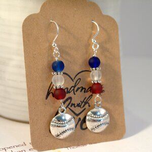 Baseball Earrings Red White Blue Earrings Sea Glass Dangle Pierced Earrings